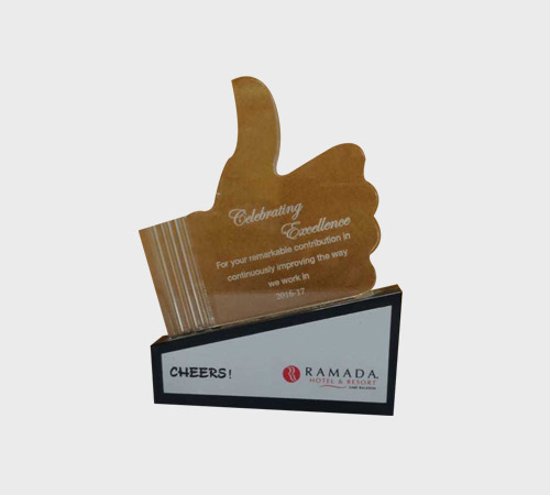 Amber Acrylic Thumbs-Up Award on Black Base - SKU ACA-017 - Acrylic