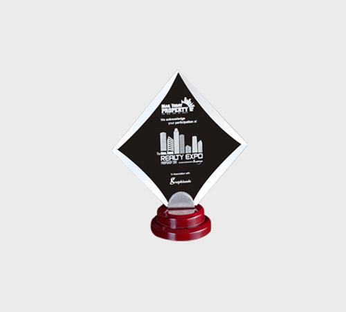 Black Acrylic Diamond Trophy on Wood Base - SKU ACA-151 - Acrylic