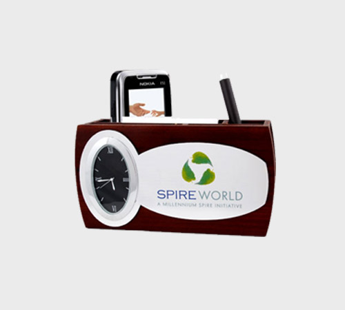 Dark Wood Desk Organizer with Round Clock - SKU CG-014 - Wood