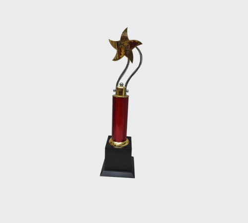 Gold Pinwheel Star Trophy on Red Column - SKU ME-006 - Metal