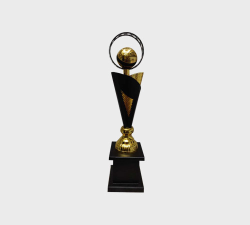 Gold Ball in Ring on Black Fan Pedestal - SKU ME-013 - Metal
