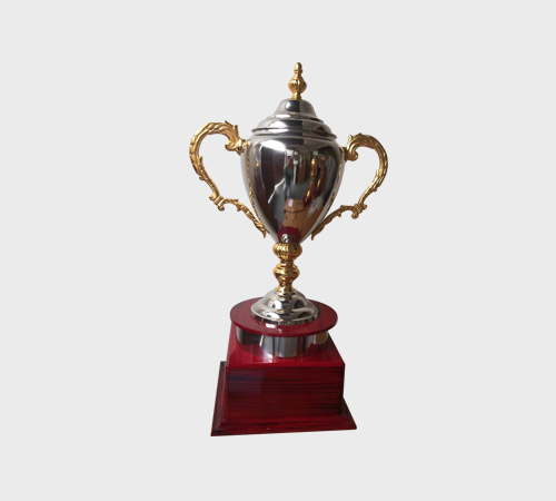 Silver Lidded Cup Trophy on Wood Base - SKU ME-046 - Metal