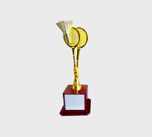 Gold Badminton Racket Trophy on Wood Base - SKU ME-111 - Metal