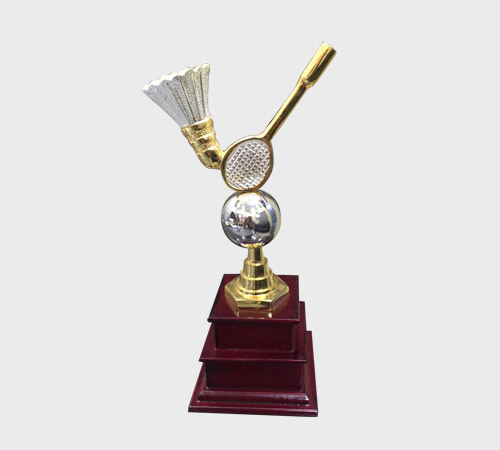 Badminton Racket Trophy on Tiered Wood Base - SKU ME-117 - Metal