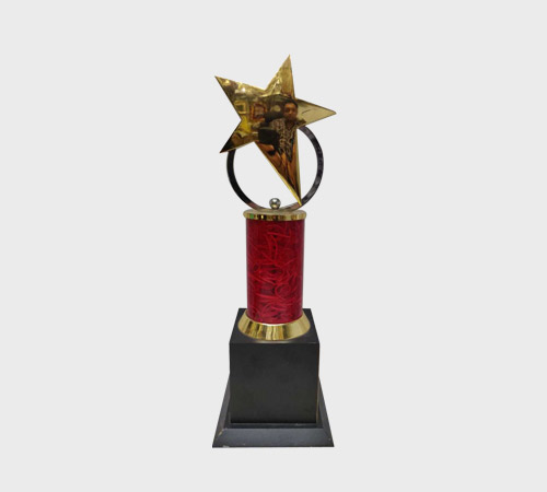 Gold Star Trophy with Photo Insert on Red Column - SKU ME-123 - Metal