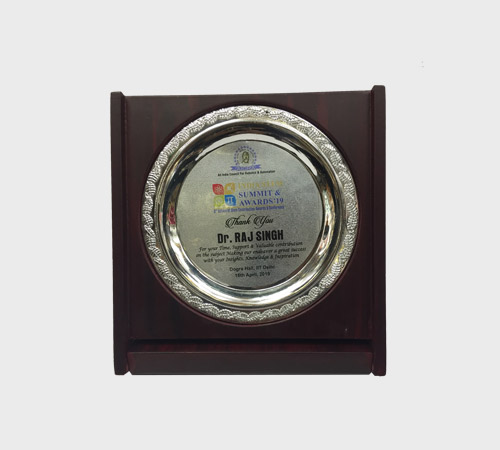 Silver Round Plate on Dark Wood Plaque - SKU WA-021 - Wood