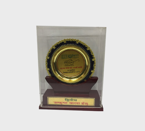 Round Gold Plate in Crystal Display Case - SKU WA-053 - Wood