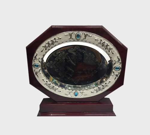 Silver Filigree Oval Plate with Gem Accents - SKU WA-059 - Wood